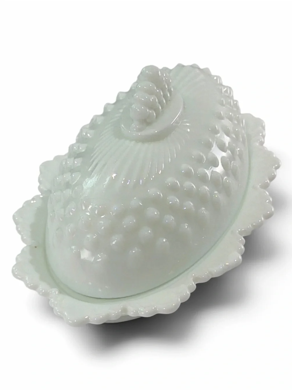 Vintage Fenton White Milk Glass Hobnail Oval Covered Butter Dish